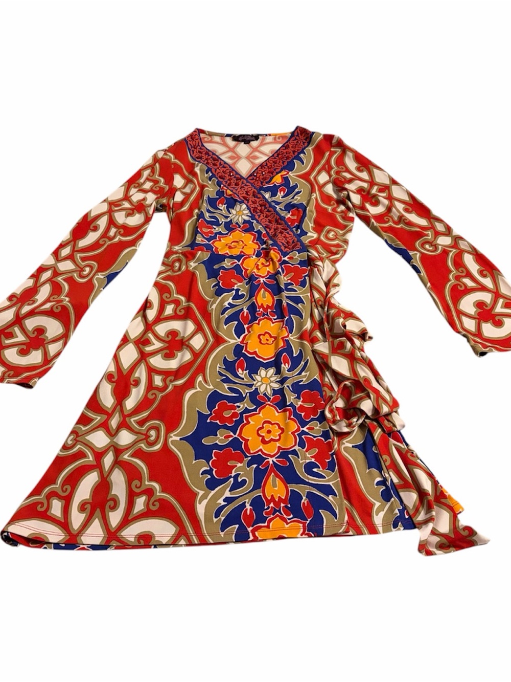 Hale Bob Wrap Dress XS Colorful Geometric Print Long Sleeve Boho Resort EUC - Picture 2 of 3